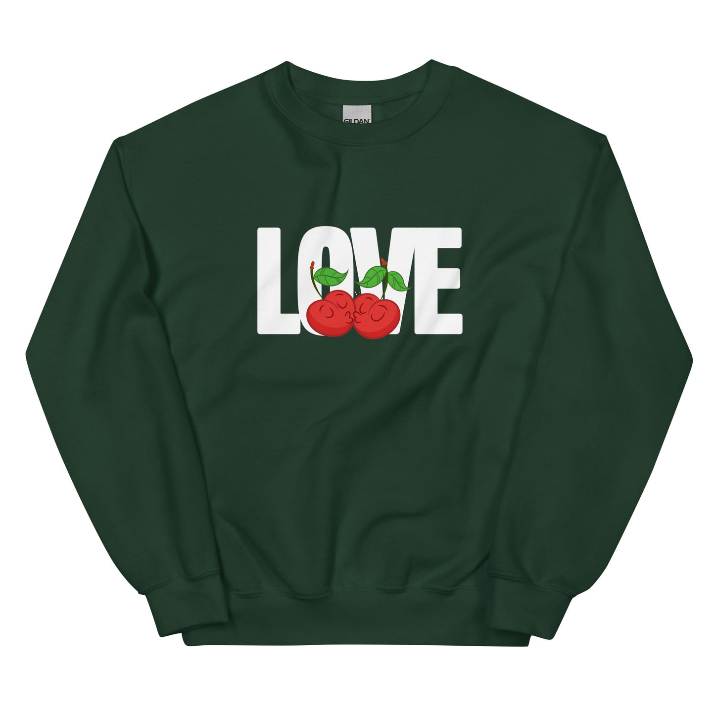 Dark green sweatshirt with 'LOVE' and cherry design on a white background