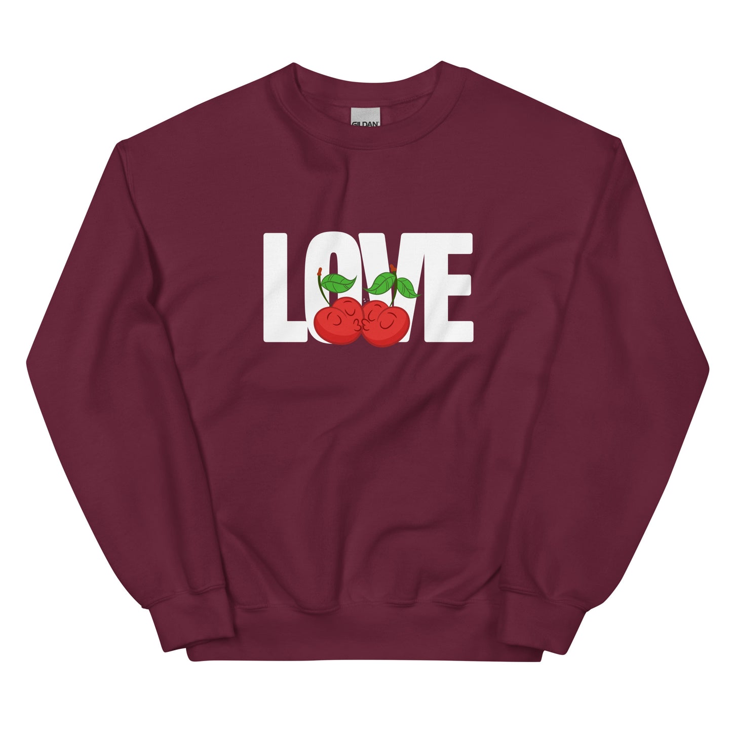 Maroon sweatshirt with 'LOVE' and cherry design on a white background