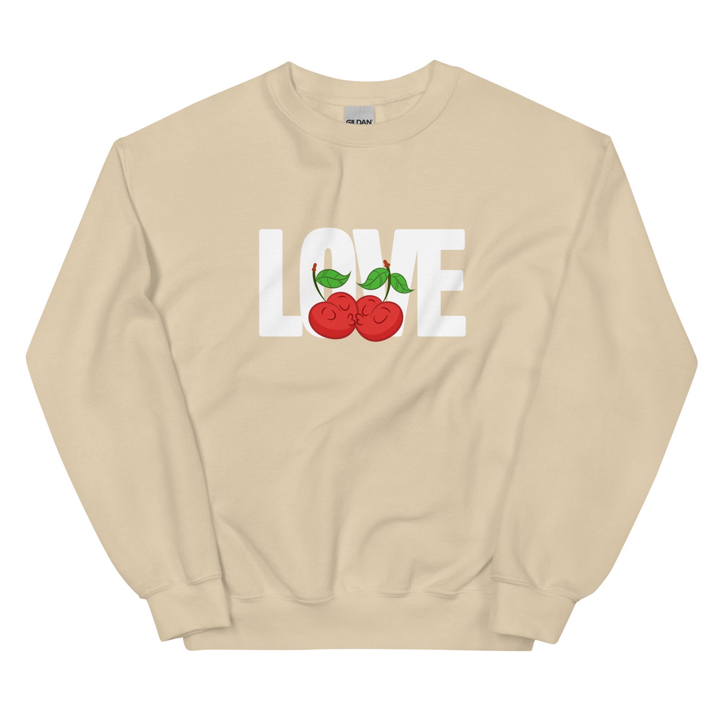 Beige sweatshirt with 'LOVE' and cherry design on a white background