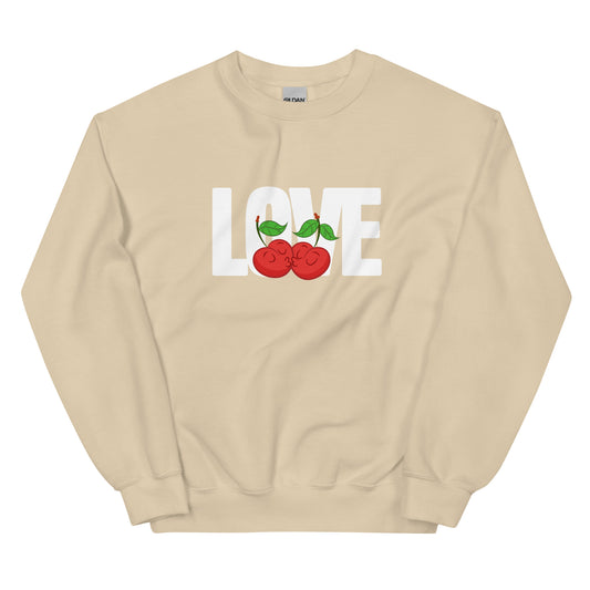 Beige sweatshirt with 'LOVE' and cherry design on a white background