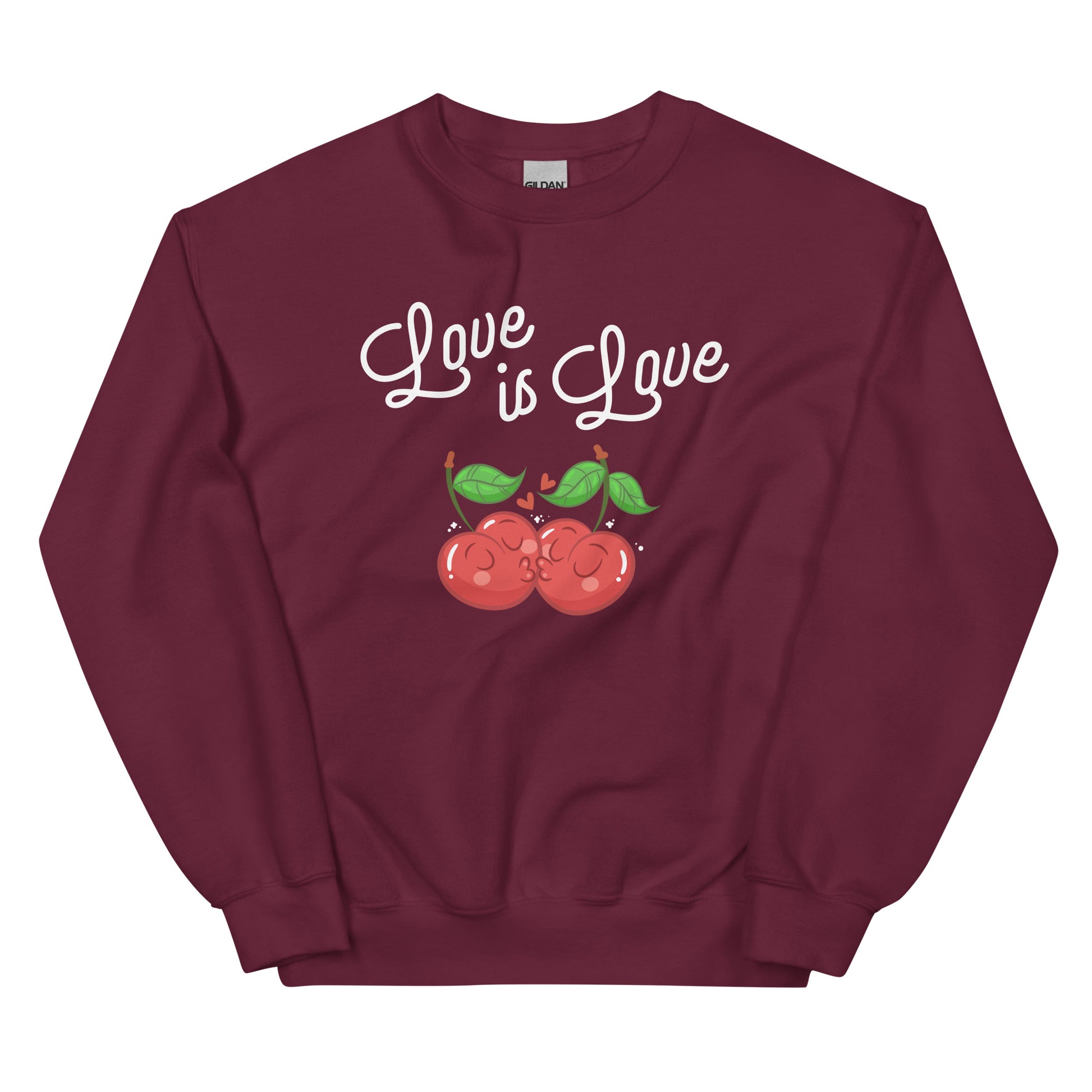 Maroon sweatshirt with 'Love is Love' text and cherries on a white background