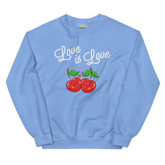 Light blue sweatshirt with 'Love is Love' text and cherries on a white background