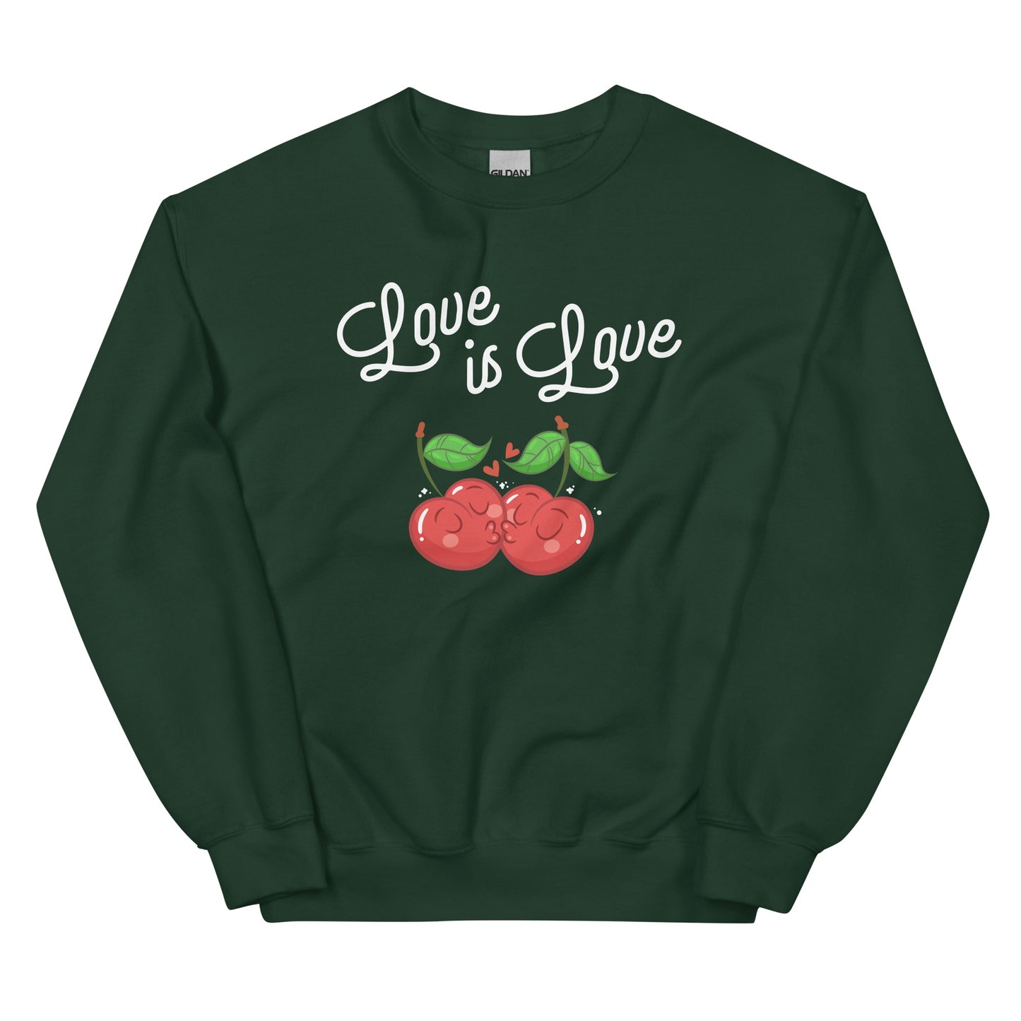 Dark green sweatshirt with 'Love is Love' text and cherry design on a white background