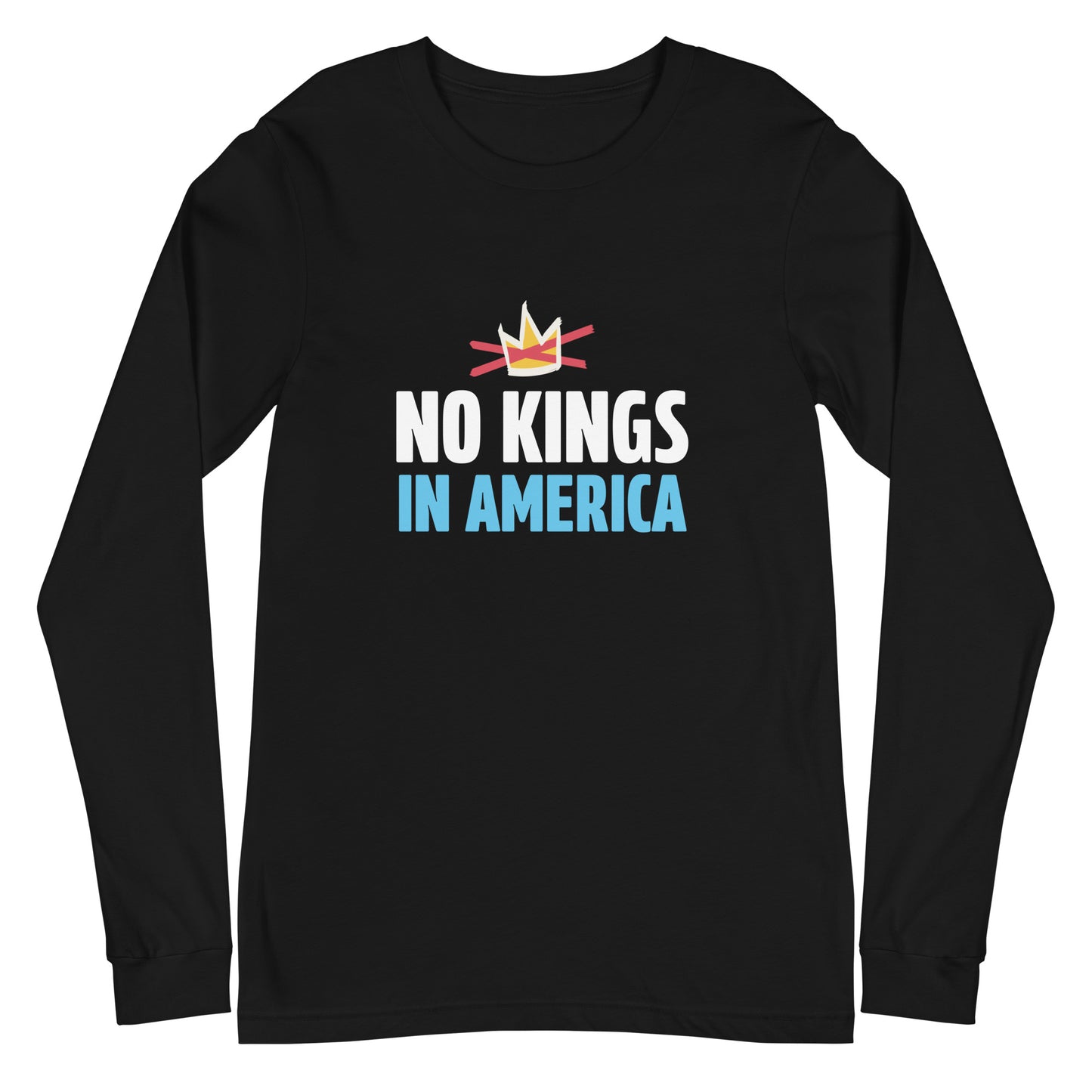 Black long-sleeve shirt with 'No Kings in America' text and crown graphic on a white background
