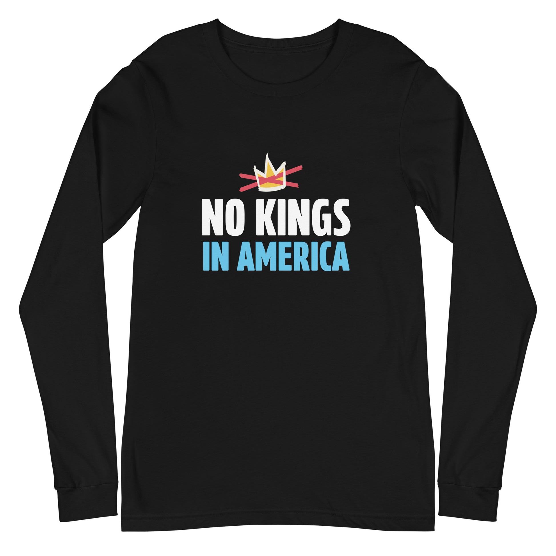 Black long-sleeve shirt with 'No Kings in America' text and crown graphic on a white background
