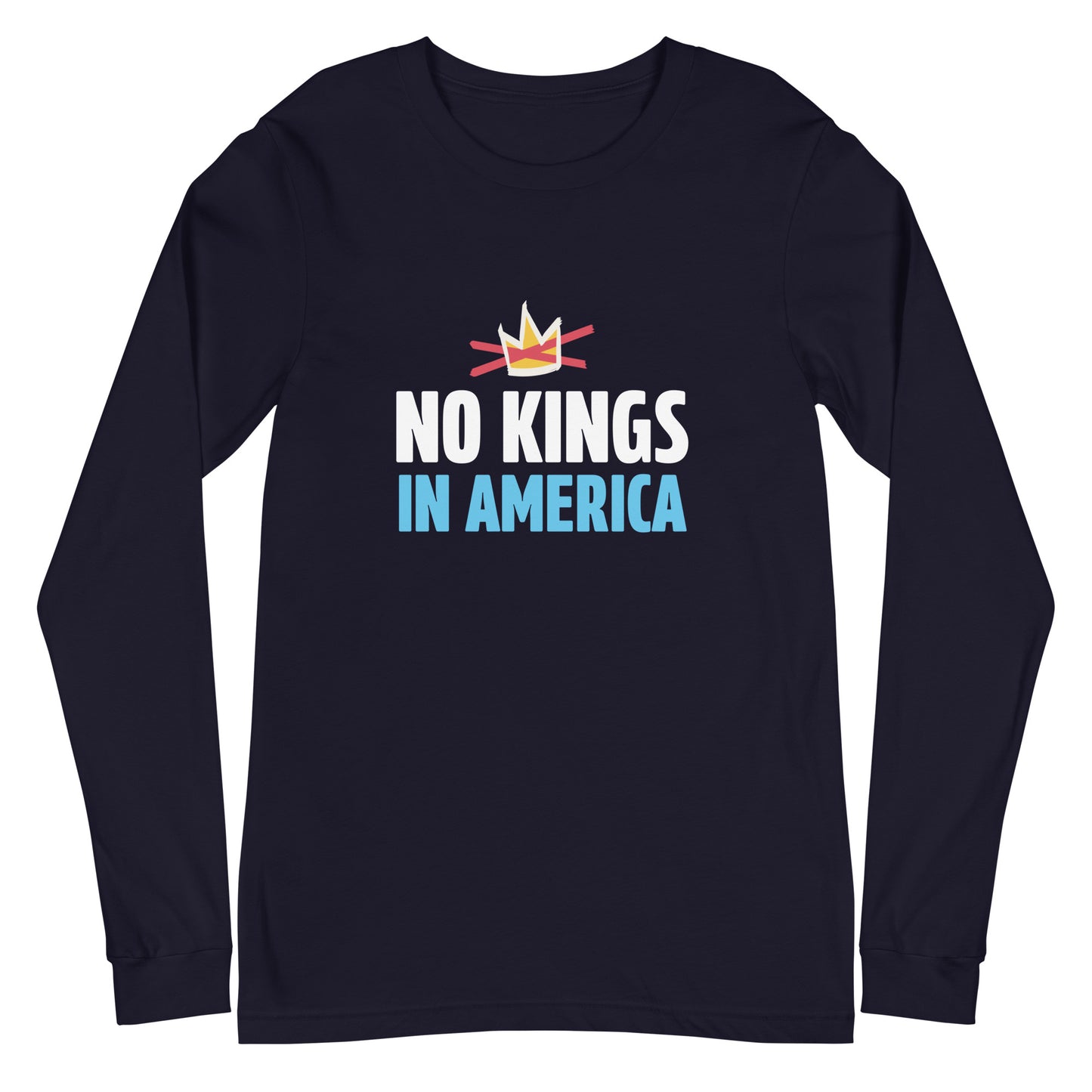 Black long-sleeve shirt with 'No Kings in America' text and crown graphic on a white background