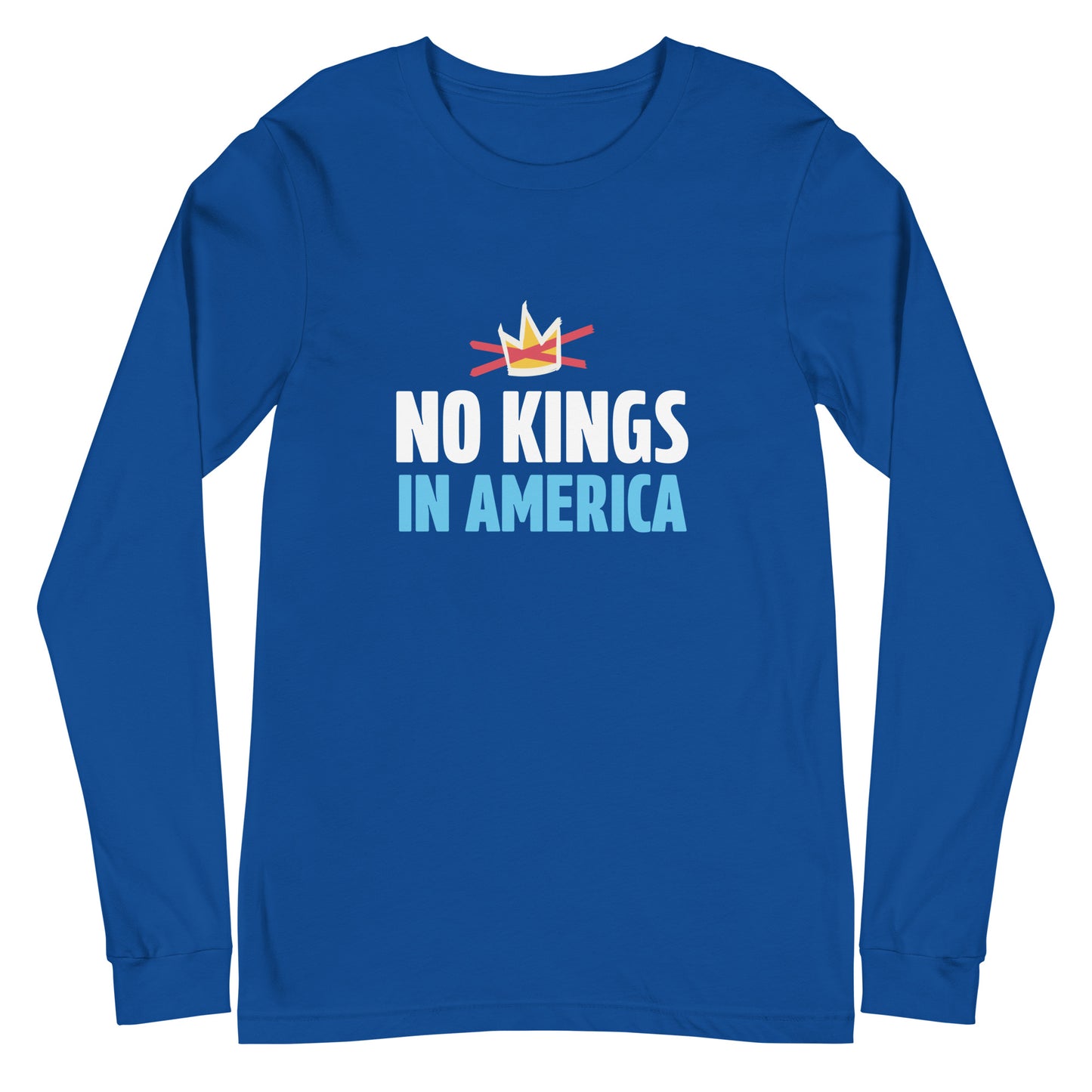 Blue long-sleeve shirt with 'No Kings in America' text and crown graphic on a white background