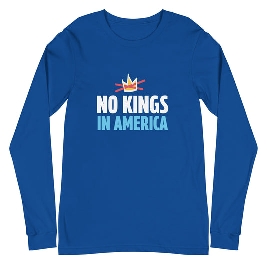 Blue long-sleeve shirt with 'No Kings in America' text and crown graphic on a white background