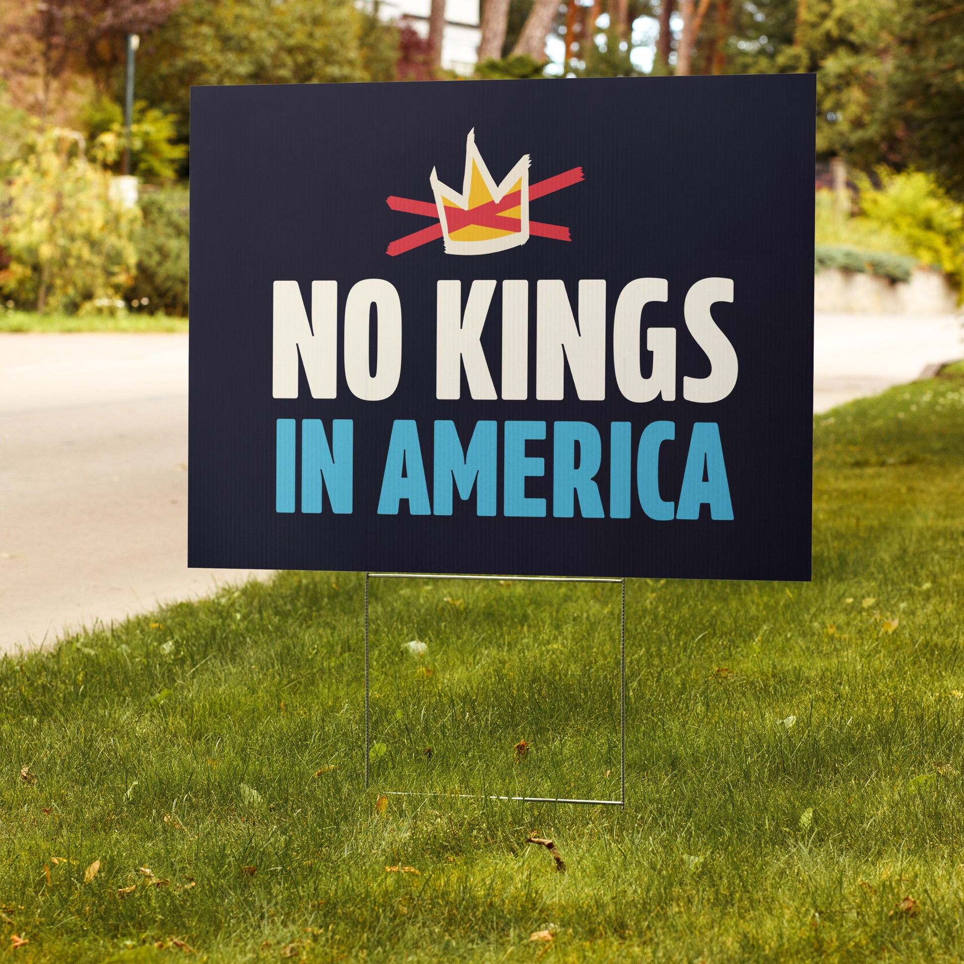 Yard sign with 'No Kings in America' on a grassy lawn.