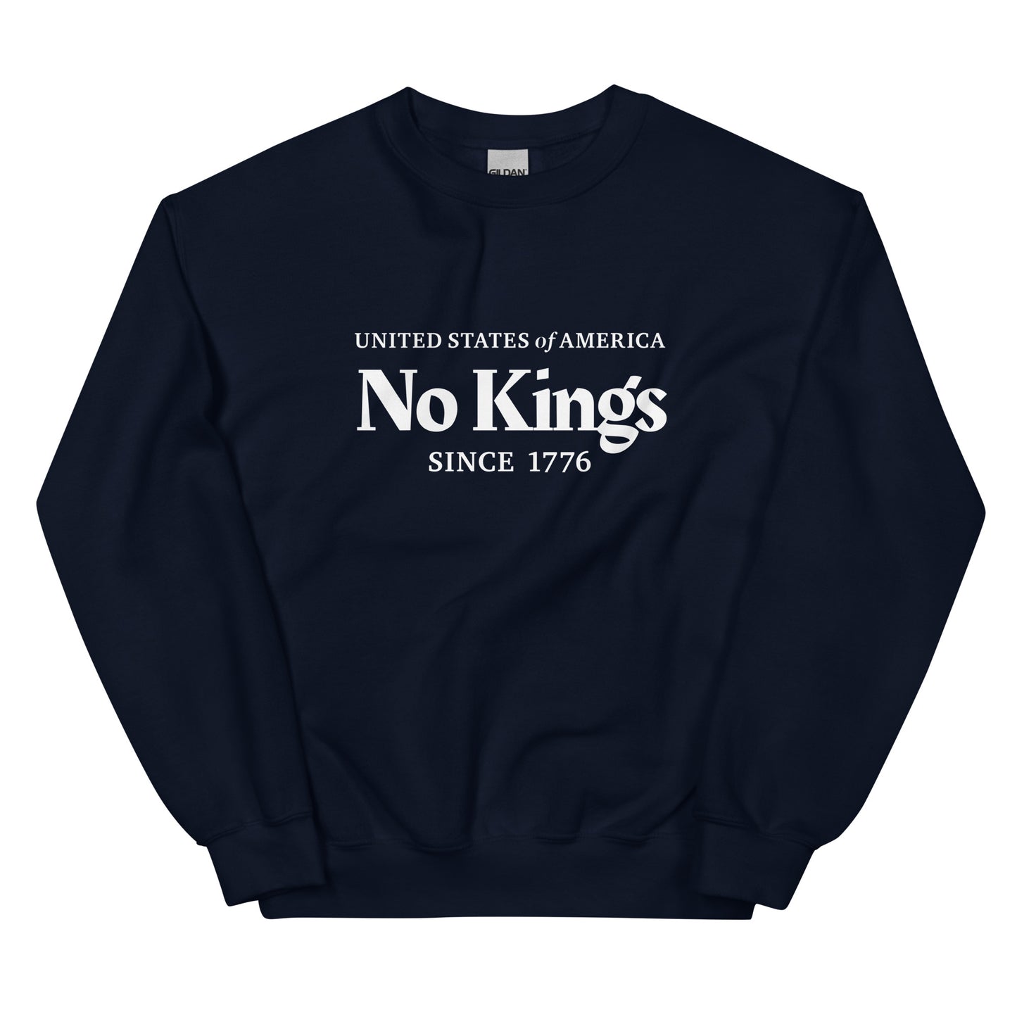 Black sweatshirt with white text 'No Kings Since 1776' on a white background