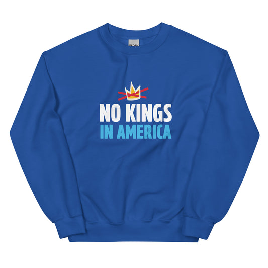 Blue sweatshirt with bold text reading ‘No Kings in America’ and an illustrated crown crossed out with an X.