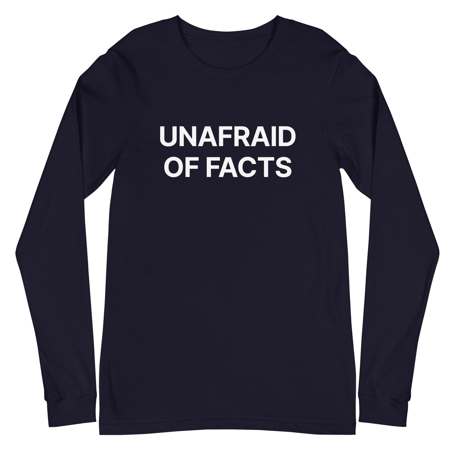 Navy long-sleeve shirt with 'UNAFRAID OF FACTS' text on a white background