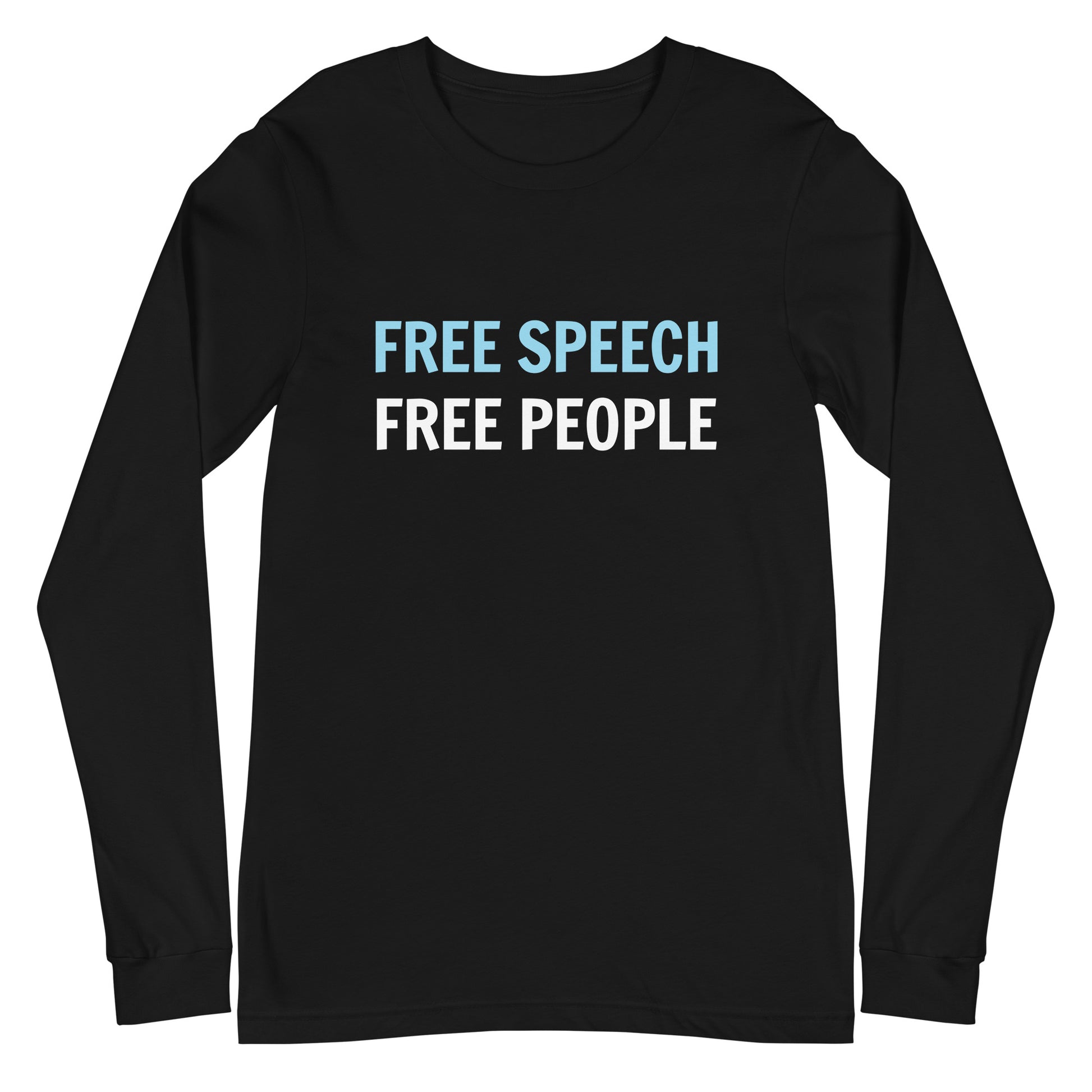 Black long-sleeve shirt with 'FREE SPEECH FREE PEOPLE' text on a white background