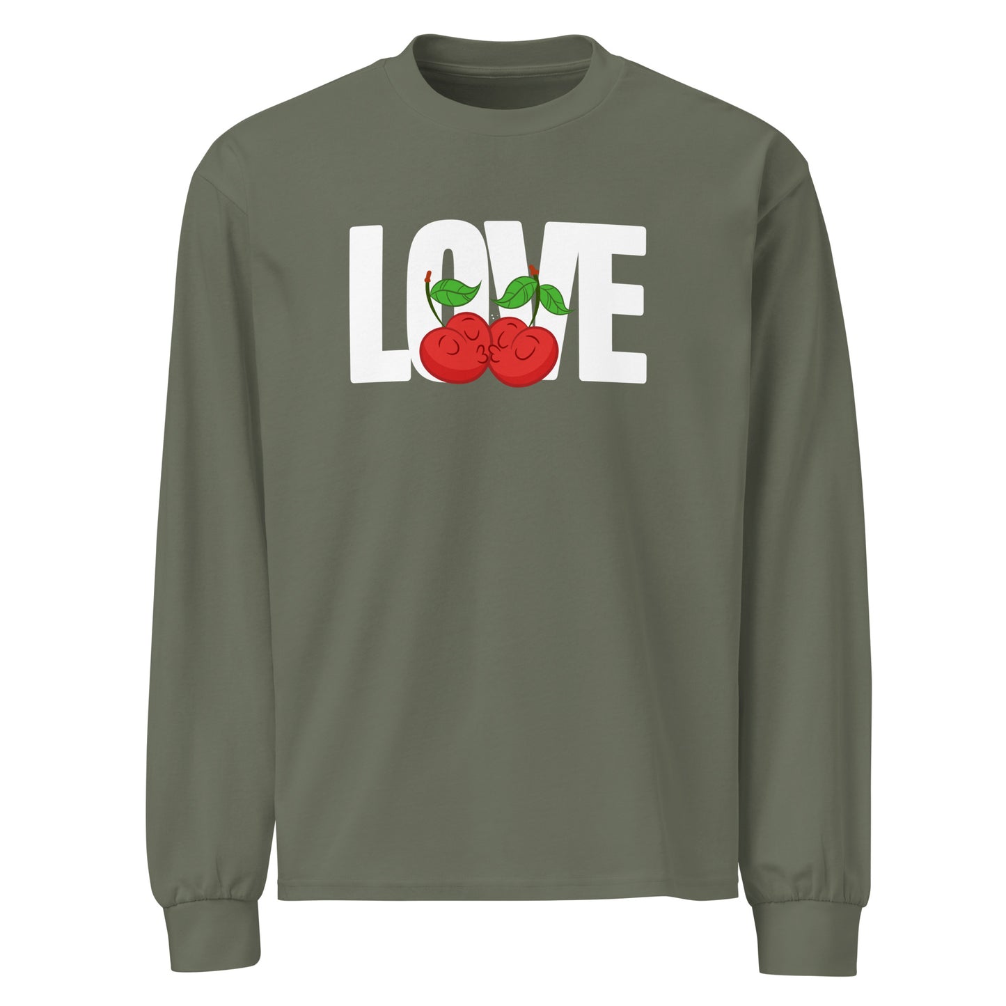 Green long-sleeve shirt with 'LOVE' and cherries design on a white background