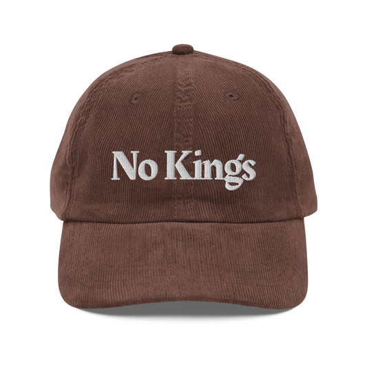 Brown corduroy cap with 'No Kings' text